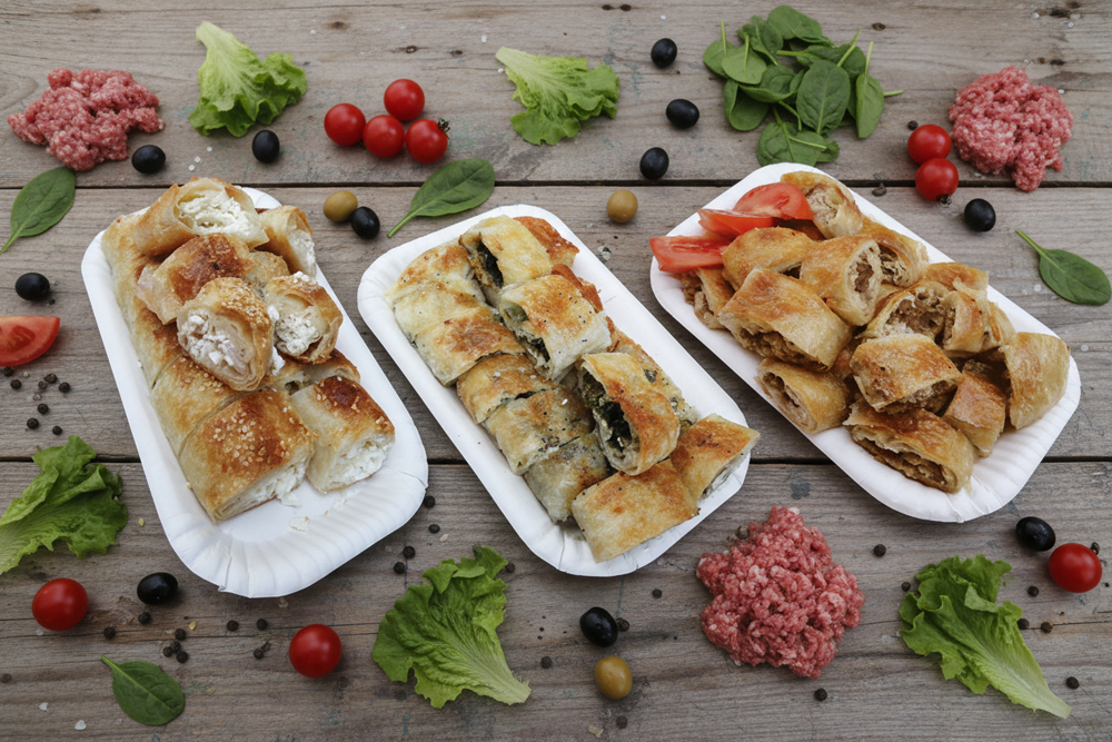 Verschiedene Börek-Varianten mit Weichkäse, Spinat und Rinderhack